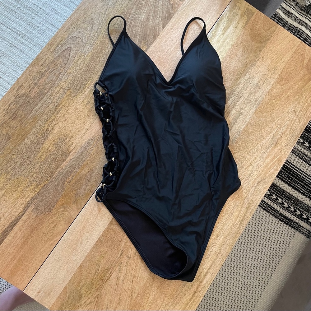 Aerie Side Lace Up One Piece Swimsuit Black